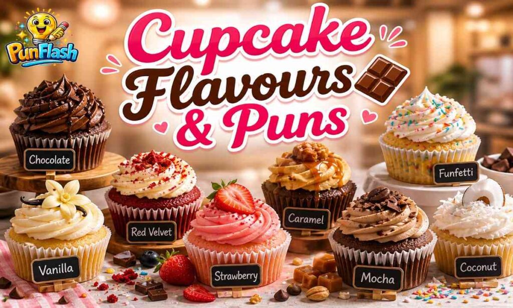 Cupcake flavours puns with chocolate vanilla and red velvet cupcakes in bakery display style