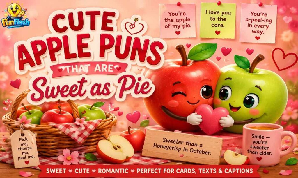 Cute apple puns image with smiling cartoon apples, sweet apple jokes, romantic fruit humor, and adorable apple characters for captions and cards