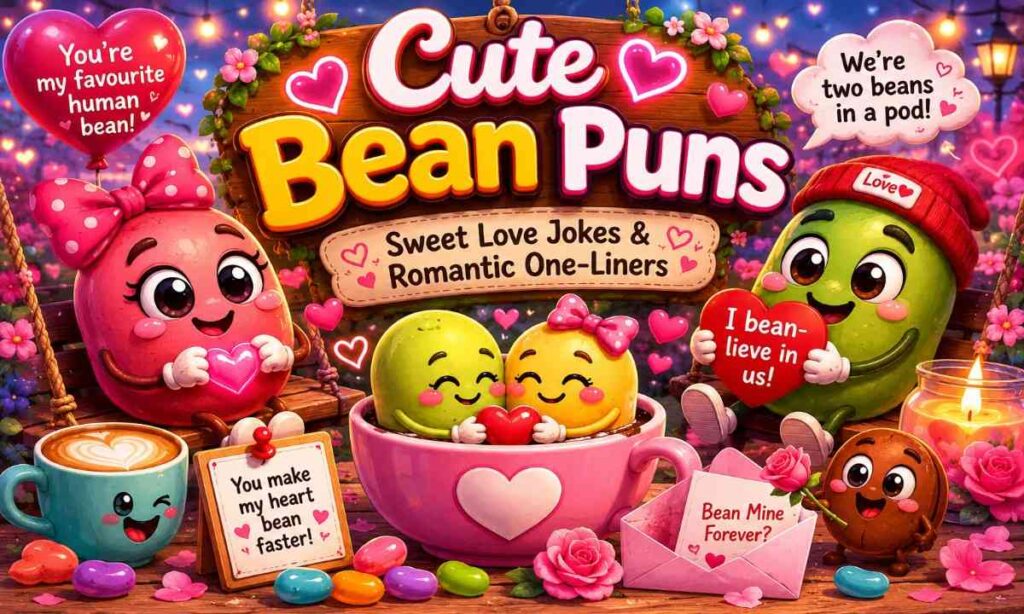 Cute cartoon bean puns with romantic bean couples and heart-themed jokes