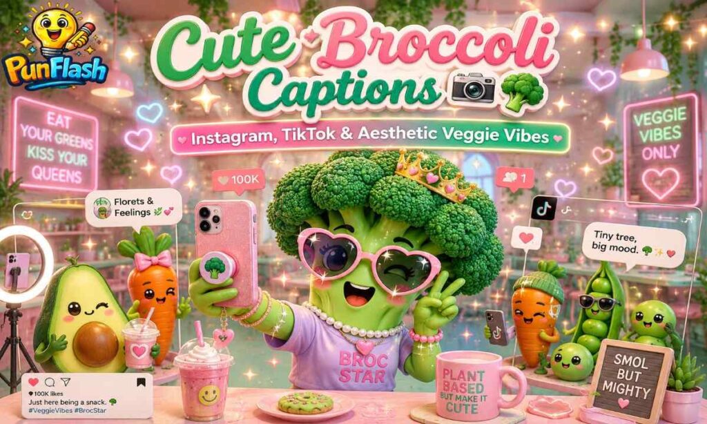 Cute cartoon broccoli influencer taking selfies with Instagram and TikTok aesthetic vibes for broccoli captions and social media jokes blog section