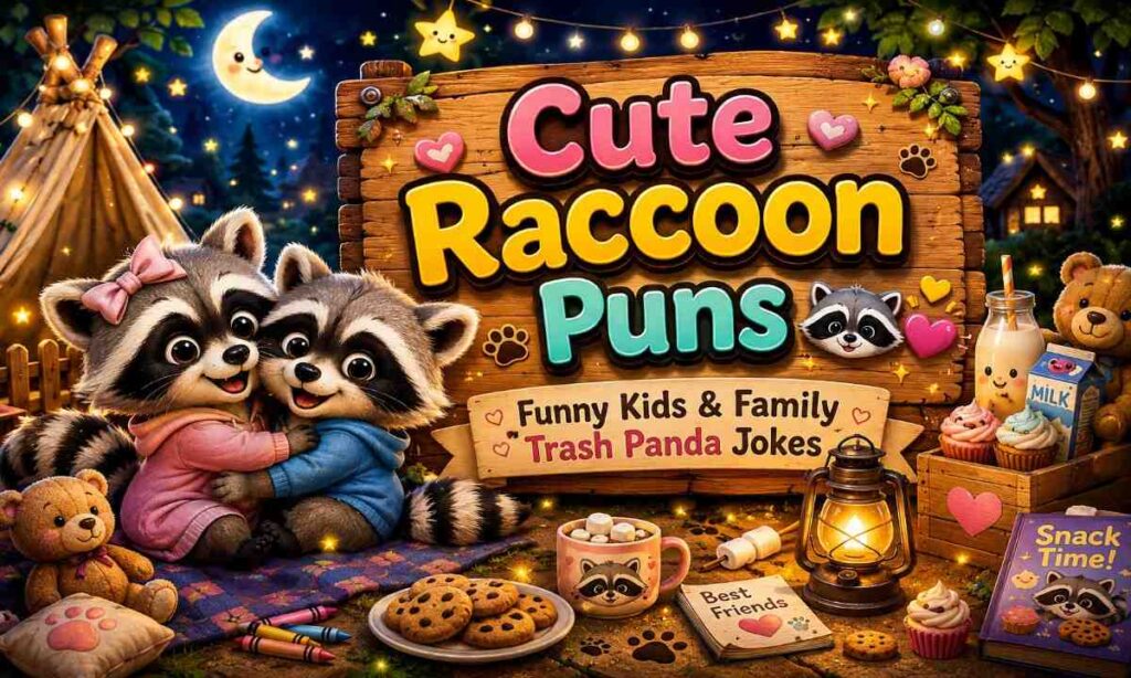 Cute baby raccoons hugging near a cozy campsite with funny raccoon puns for kids and family humor