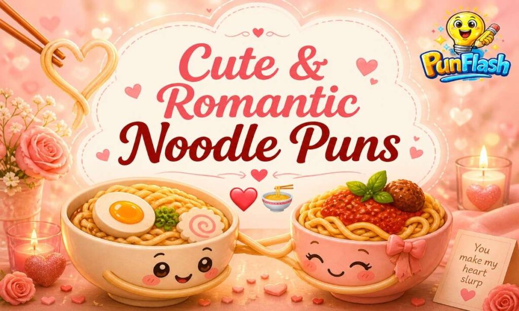 cute romantic noodle puns illustration with loving ramen and spaghetti characters and heart shapes for love captions