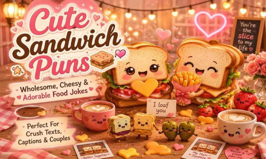 cute sandwich puns with adorable cartoon sandwiches and romantic food jokes