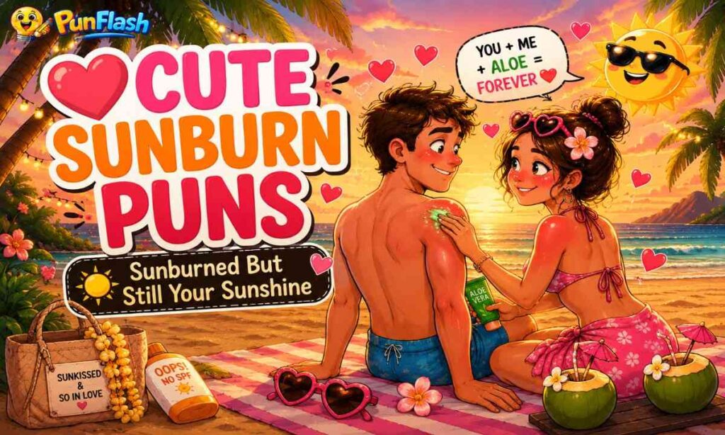 Cute sunburn puns blog image with romantic beach couple summer humor tropical vacation love and funny sunburn jokes