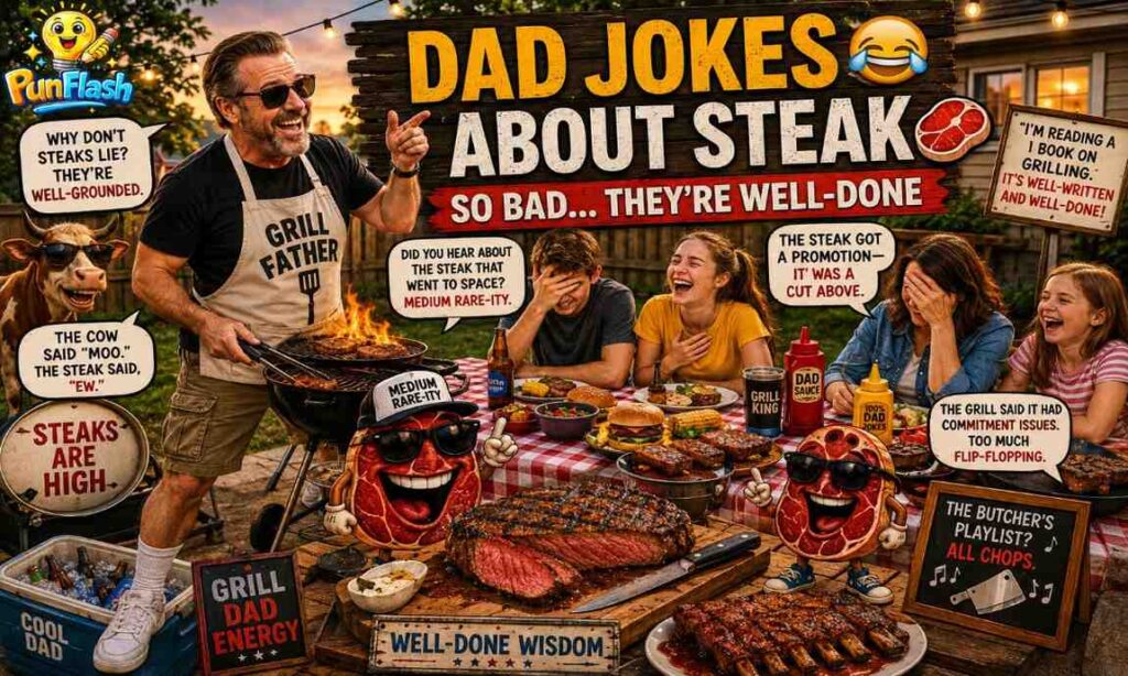 Dad jokes about steak image featuring funny BBQ dad, grilling humor, cartoon steak characters, and cheesy cookout jokes