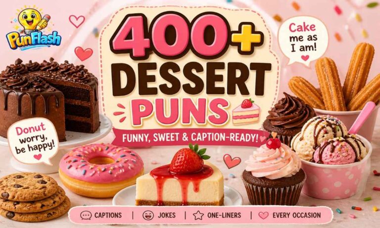 Funny dessert puns collection with cakes, donuts, and cute caption ideas