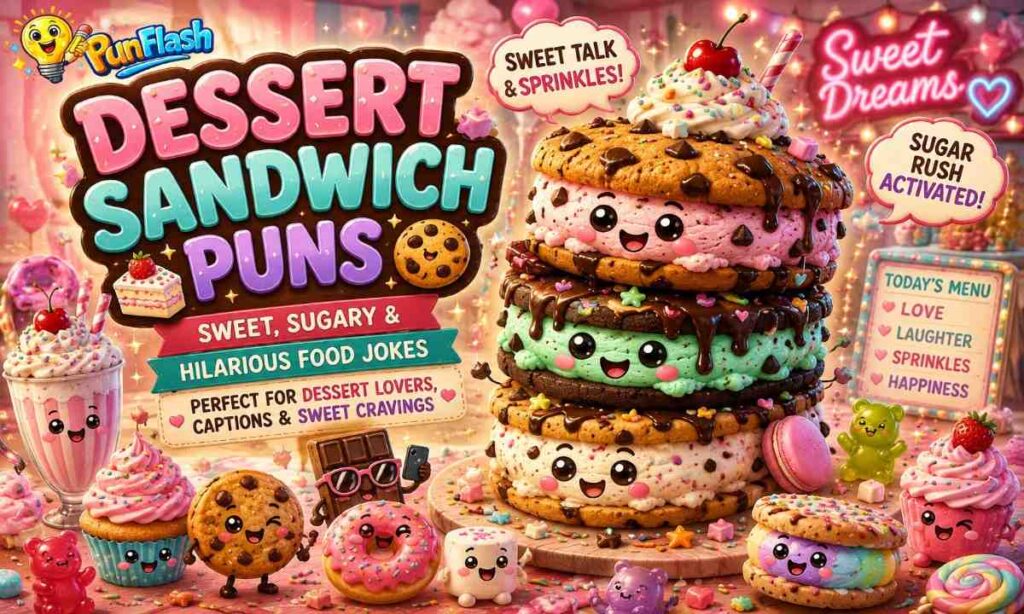 dessert sandwich puns with cute candy characters and funny sweet food jokes
