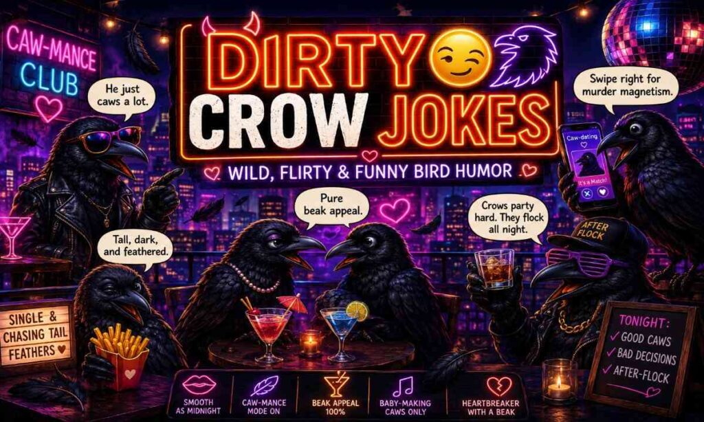 Funny stylish crows at a neon rooftop party for a dirty crow jokes and flirty bird humor blog section with playful nightlife vibes.
