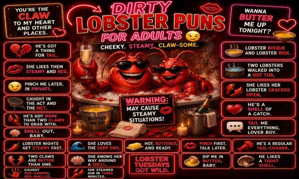 Dirty lobster puns image featuring funny cartoon lobster couple in steamy hot tub with cheeky adult seafood jokes, neon signs, and playful humor.