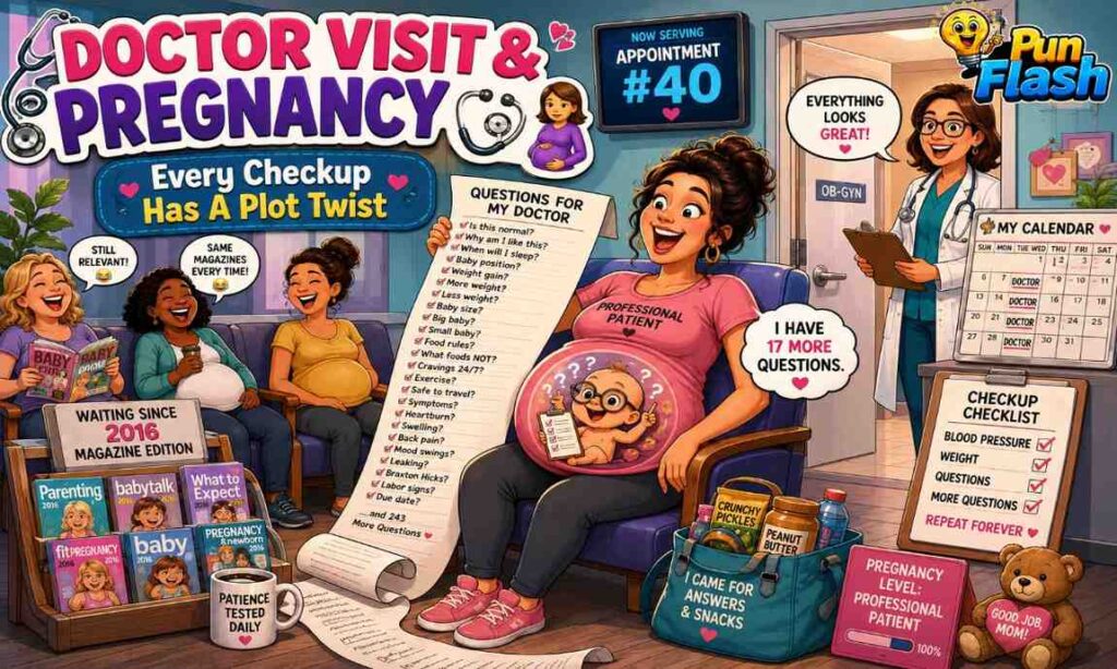 Doctor visit and checkup pregnancy puns image showing a pregnant woman at an OB GYN appointment with funny maternity checkup humor