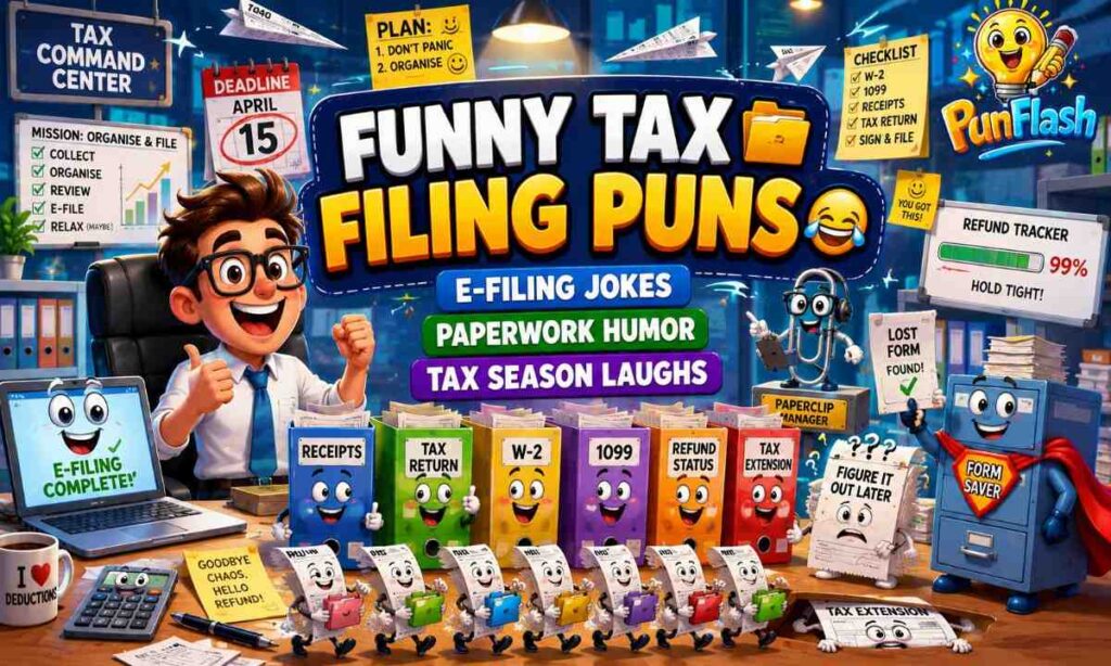 Cartoon tax filing humor scene featuring e-filing documents, tax return paperwork, receipt folders, filing extensions, and an organized taxpayer preparing taxes.