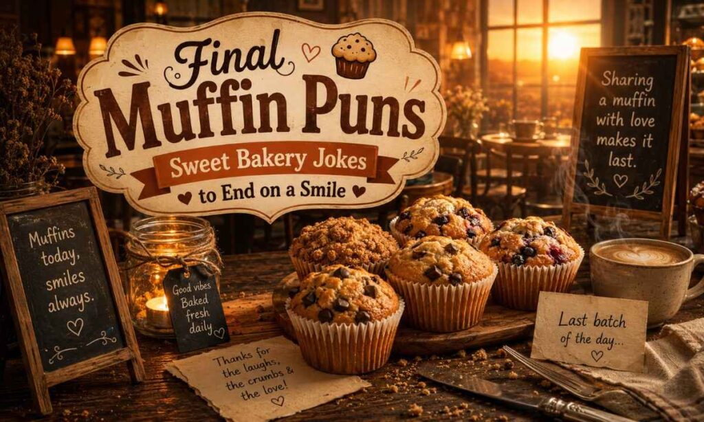Final muffin puns image with warm fresh muffins, coffee, and cozy bakery sunset atmosphere