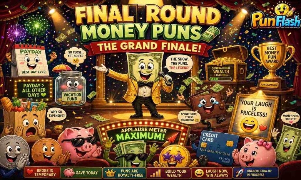 Final Round Money Puns with payday jokes, savings jar, vacation fund, and funny money humor.