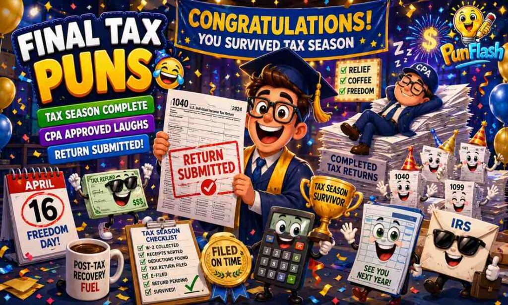 Cartoon tax season finale showing completed tax returns, filed tax forms, accountant relief, CPA humor, tax refunds, and end-of-year tax filing success.