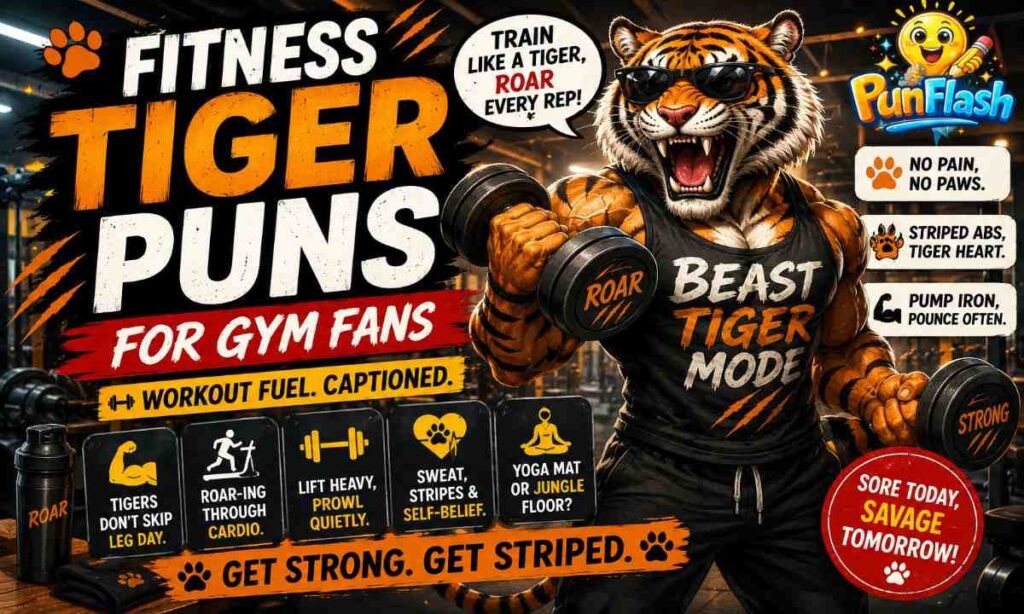 Fitness tiger puns for gym fans funny tiger workout jokes cartoon tiger lifting weight