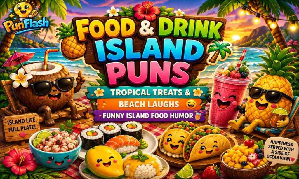 Food drink island puns image with tropical cocktails mango coconut beach