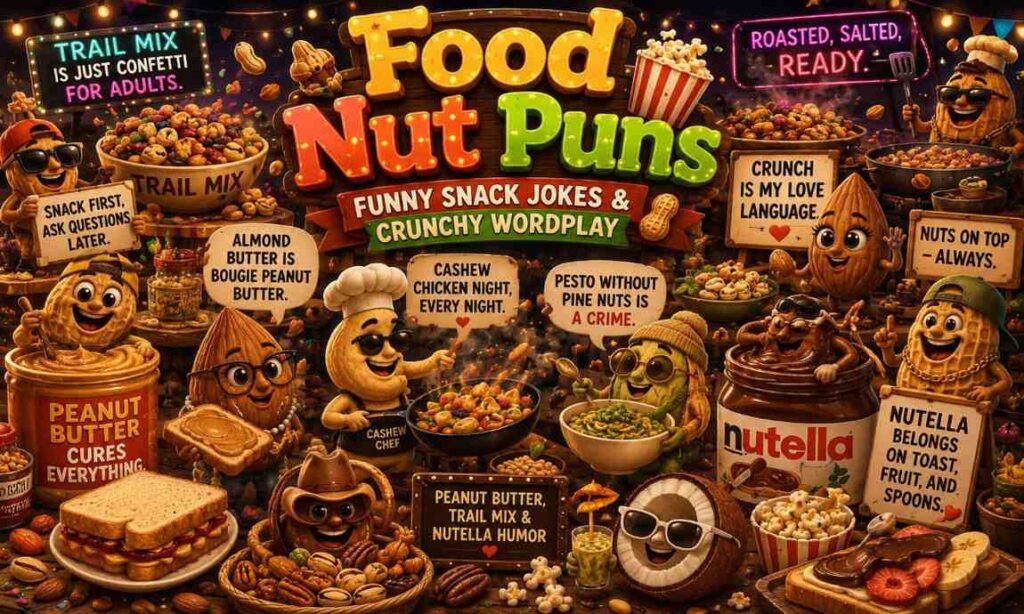 Funny food nut puns cartoon image with animated peanuts, almonds, and cashews cooking snacks at a colorful nut food festival.