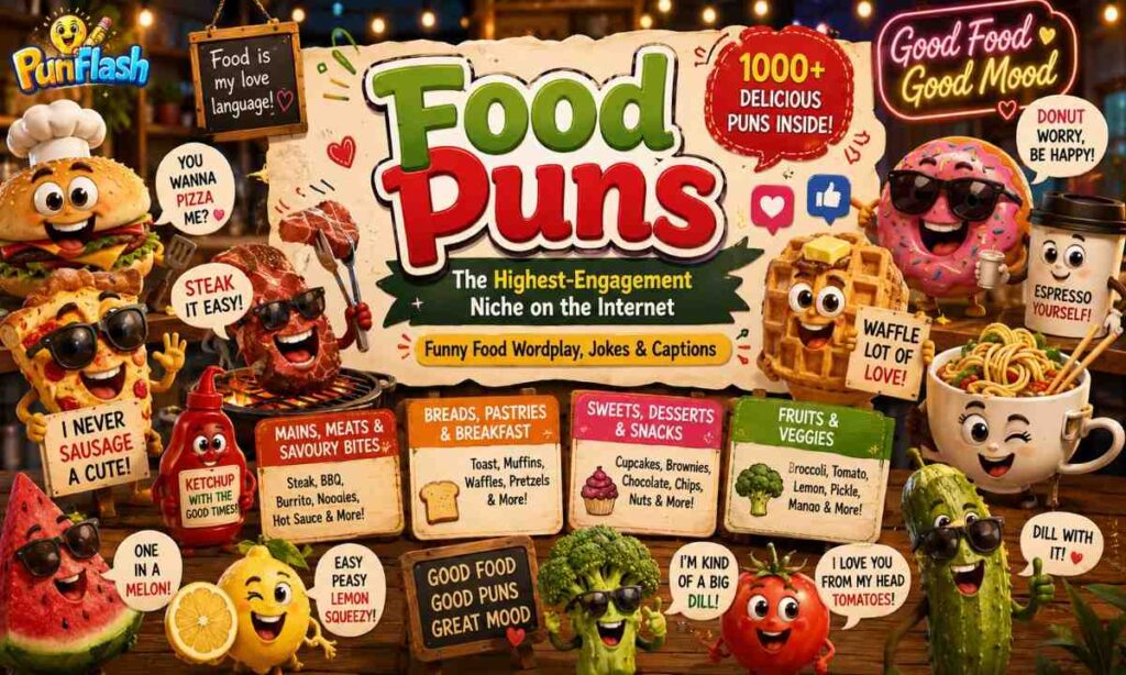 Colorful cartoon food puns illustration featuring burger, pizza, steak, waffle, donut, noodles, broccoli, tomato, lemon, pickle and funny food wordplay jokes for food pun collection article.