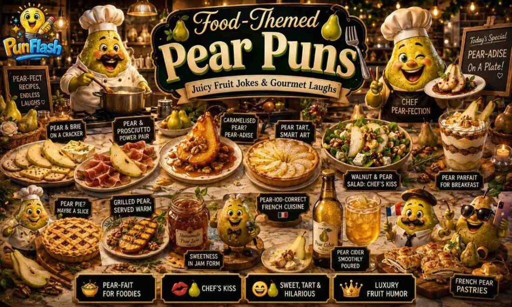 Animated pear chefs cooking gourmet desserts and fruit dishes for a blog about food-themed pear puns, foodie jokes, and funny fruit humor.
