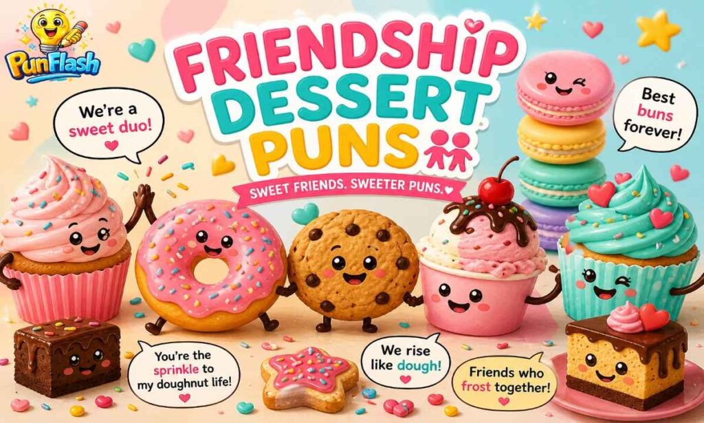 friendship dessert puns with cupcakes, donuts, and cookies showing cute best friend vibes