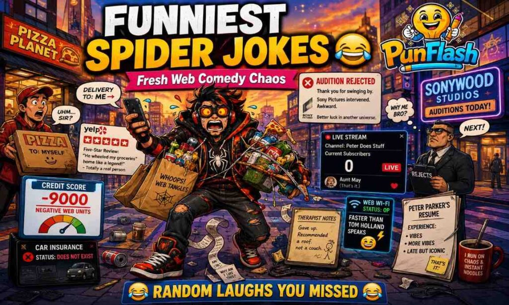 Comic-style parody web hero causing funny everyday chaos in city