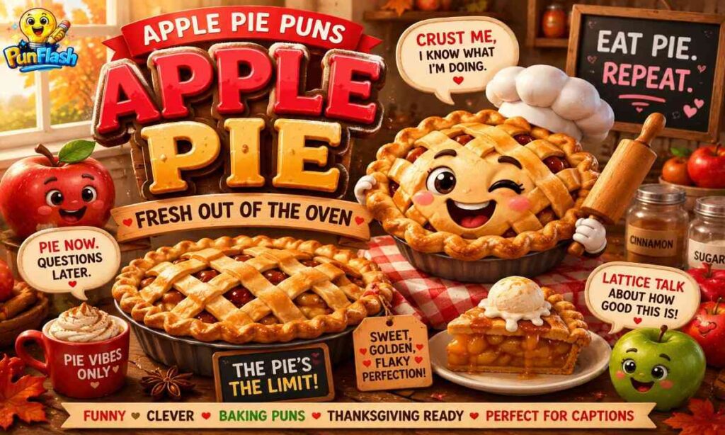 Apple pie puns illustration featuring cute cartoon apple pies, baking humor, cinnamon dessert vibes, funny pie jokes, and Thanksgiving caption ideas