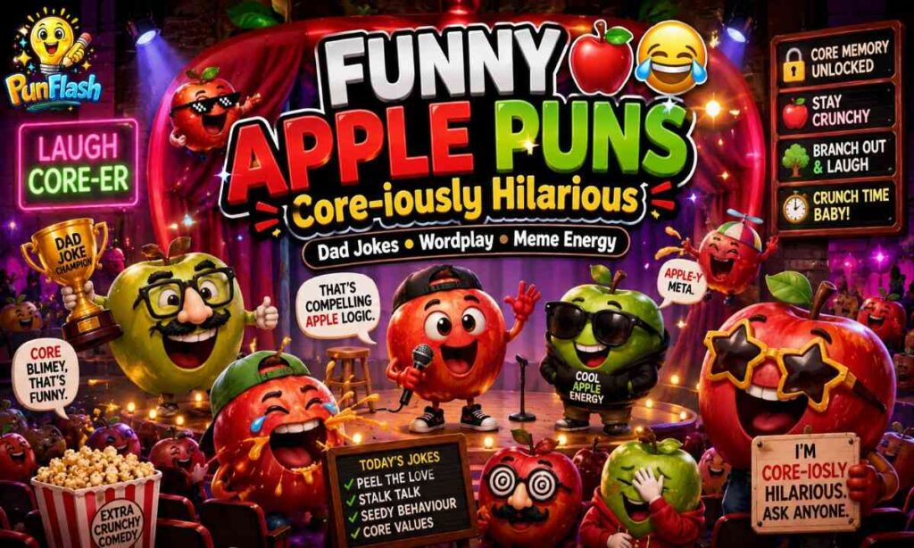 Funny apple puns image with cartoon apples making jokes, meme humor, apple wordplay comedy, and entertaining fruit characters