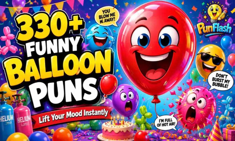 Funny balloon puns featured image with colorful cartoon balloons, helium party jokes, and comic-style humor design