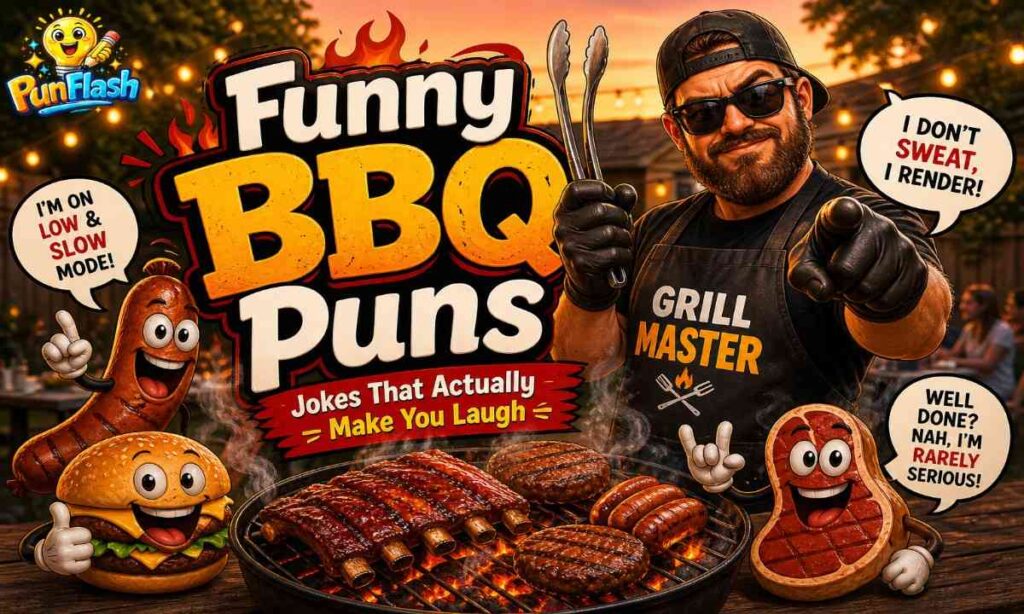 “funny BBQ puns illustration with grill master, cartoon food characters and barbecue jokes”