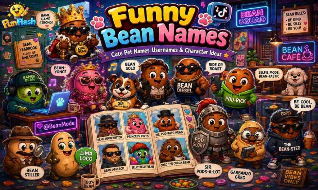 Funny cartoon bean pun names with cute pet and meme bean characters