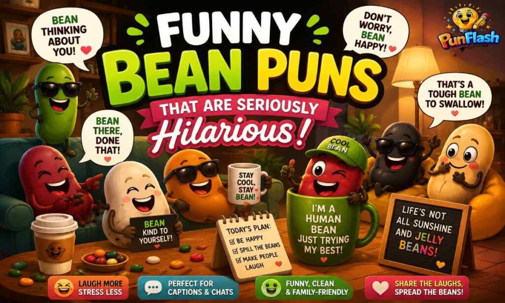 Funny cartoon bean puns with cute bean characters and comedy quotes