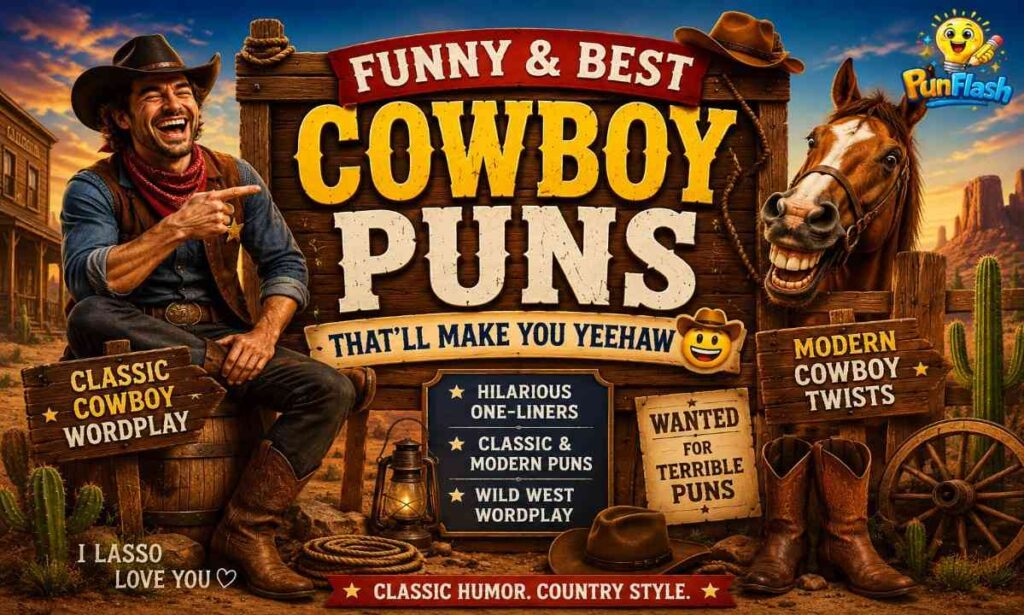 Funny and best cowboy puns image with wild west humor cowboy jokes and yeehaw wordplay