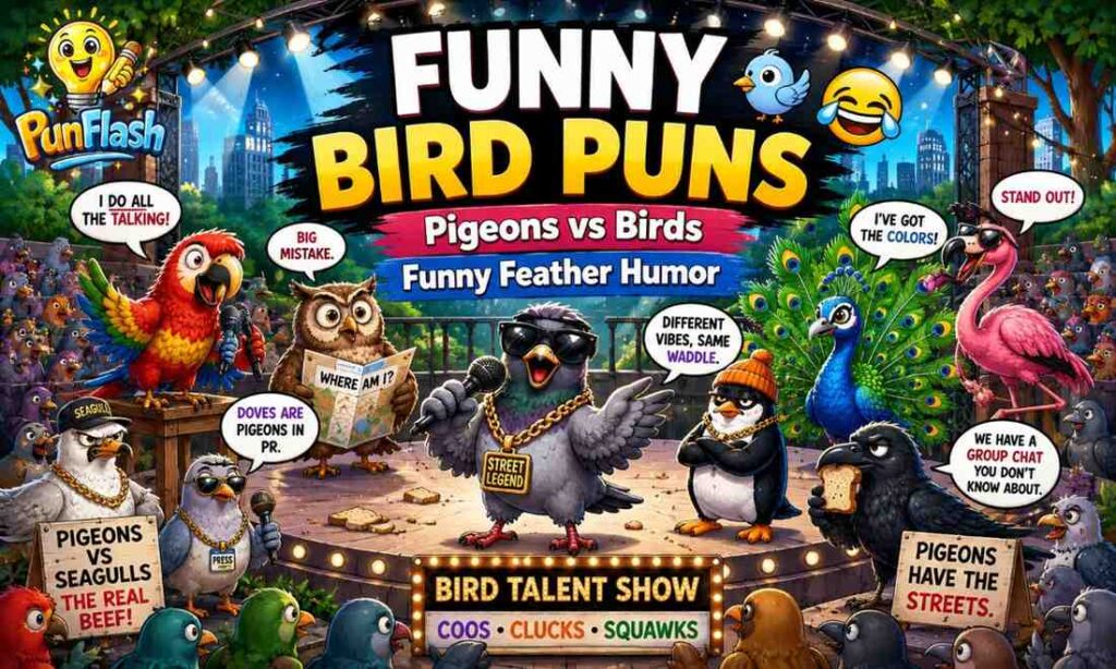 Funny bird puns featuring pigeons with cartoon birds and humorous pigeon jokes