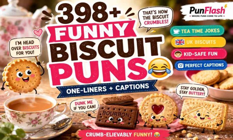 Funny biscuit puns collection with tea biscuits UK humor captions and bakery jokes