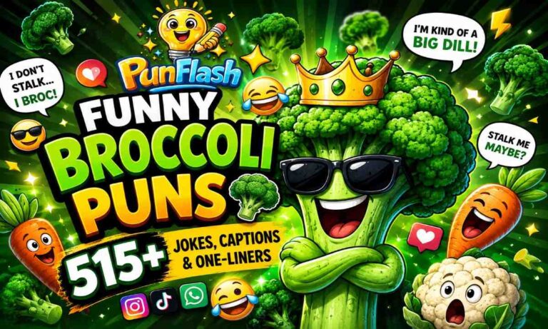 Funny cartoon broccoli character with sunglasses and crown surrounded by veggie jokes and meme-style humor for a broccoli puns blog post