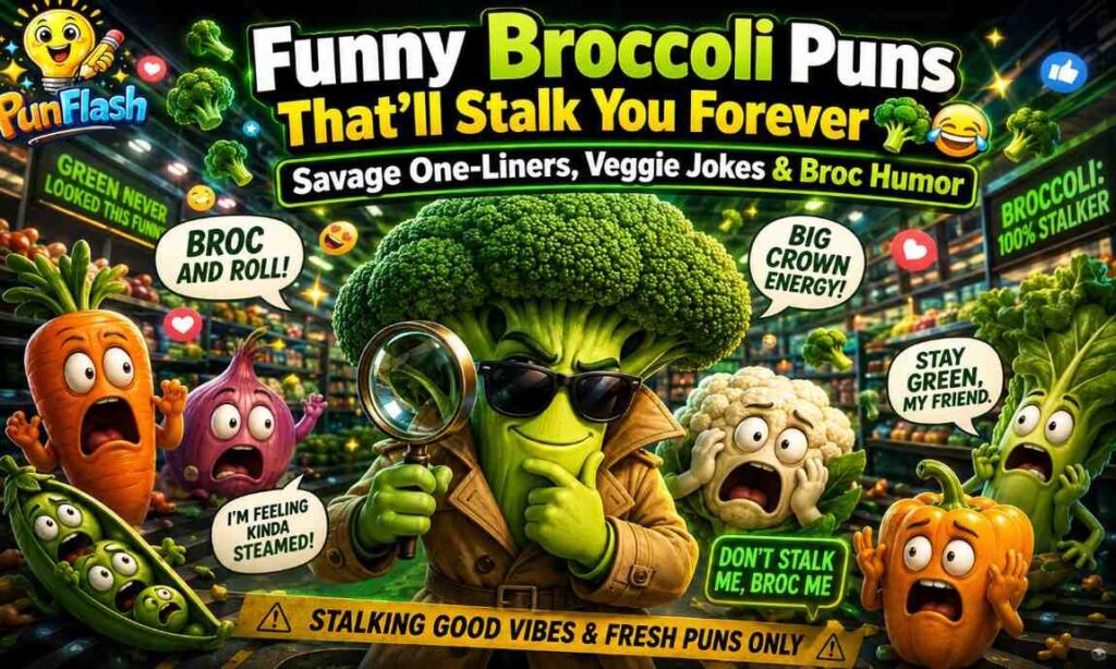 Funny cartoon broccoli detective in a grocery store with hilarious broccoli puns, veggie jokes, and meme-style humor for a food comedy blog section