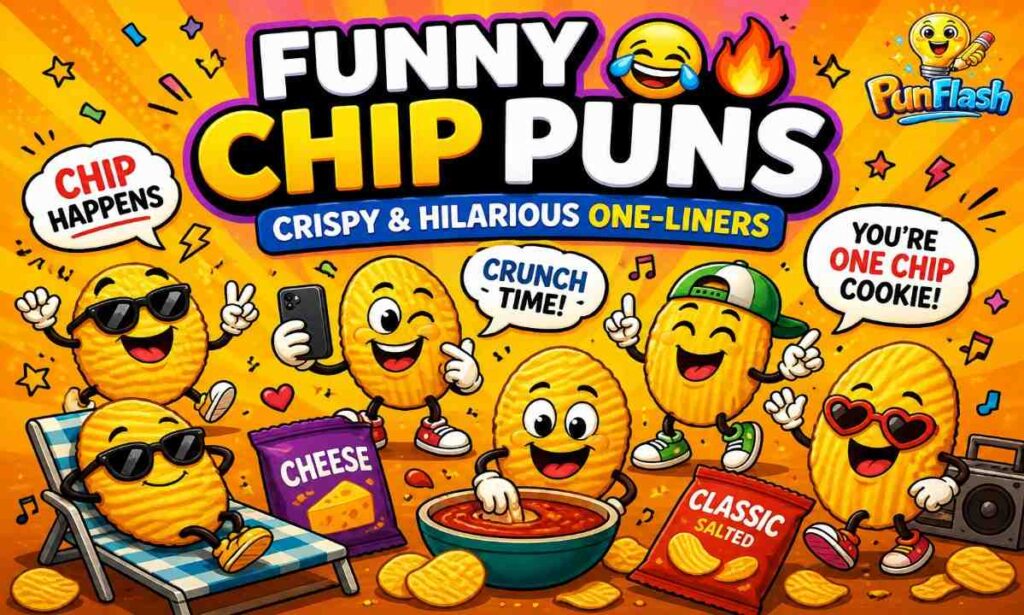 Funny chip puns illustration with animated crispy chips and hilarious snack captions for social media