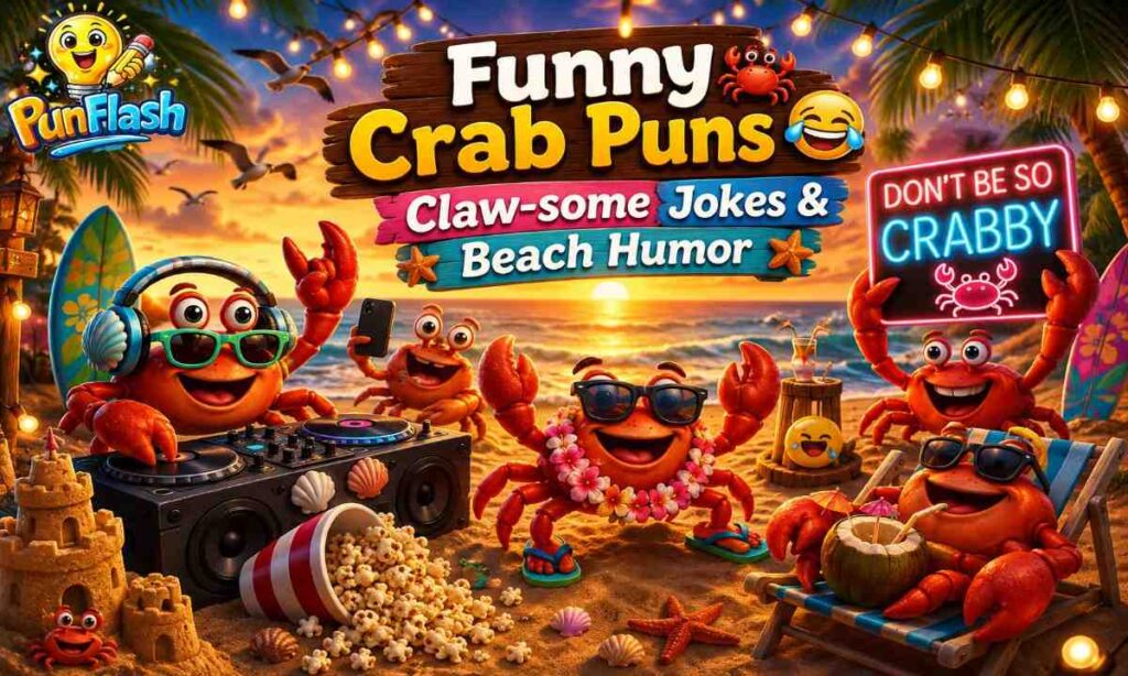Funny crab puns image with cartoon crabs making claw-some beach jokes and shell humor
