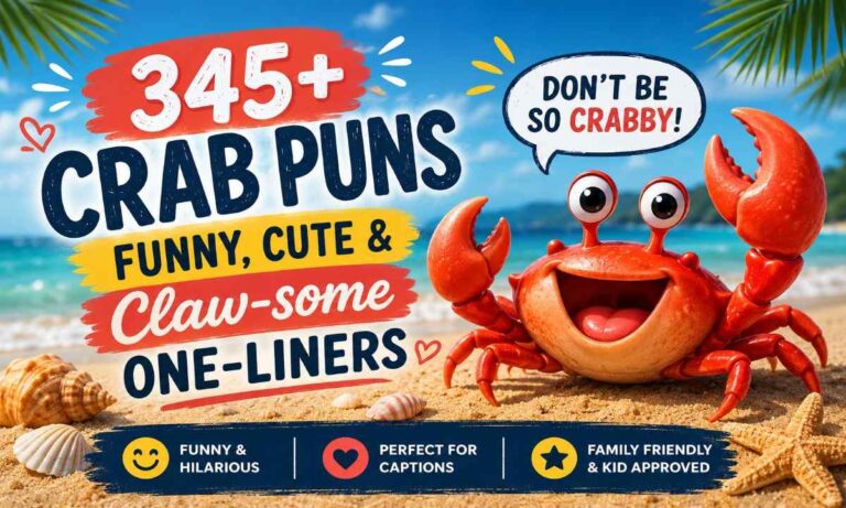 Funny crab puns featured image with cute cartoon crab on a beach and claw-some one-liner jokes