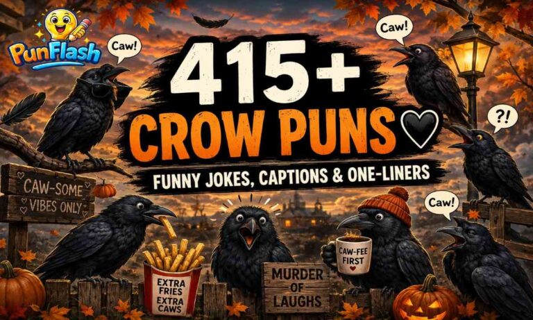 Funny black crows sitting on branches with spooky autumn vibes for a crow puns article featuring jokes, captions, and one-liners.