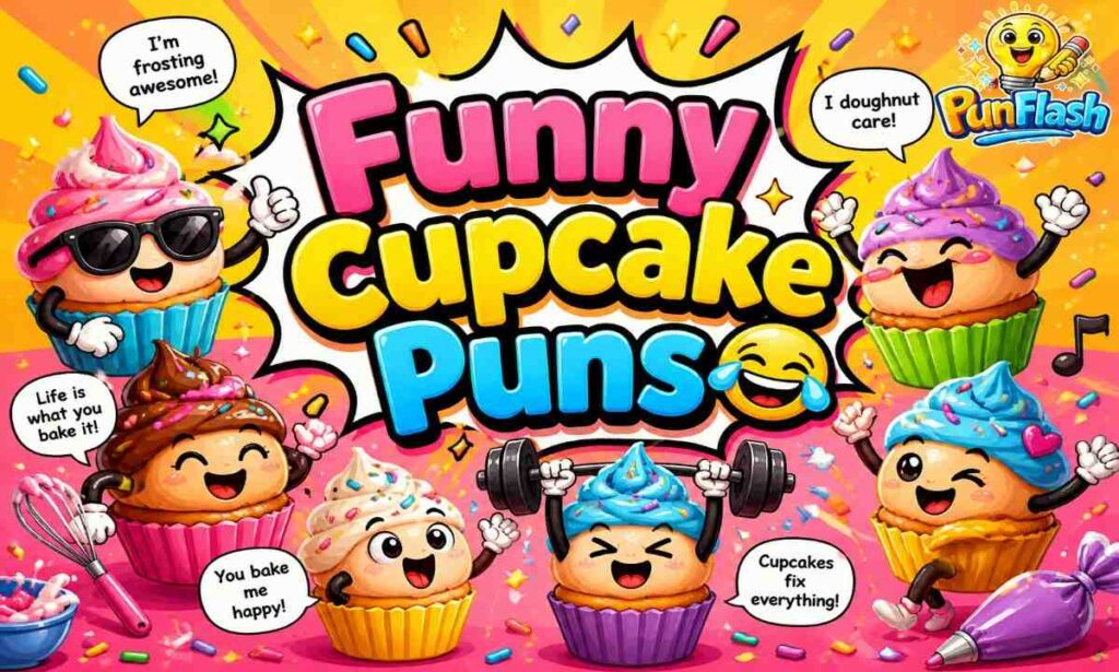 Funny cupcake puns illustration with cute cupcakes and humorous expressions for jokes section