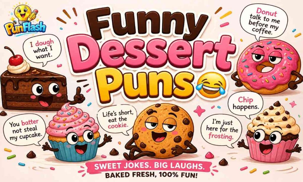 Funny dessert puns with cartoon cake, donut, and cookie jokes for captions and humor