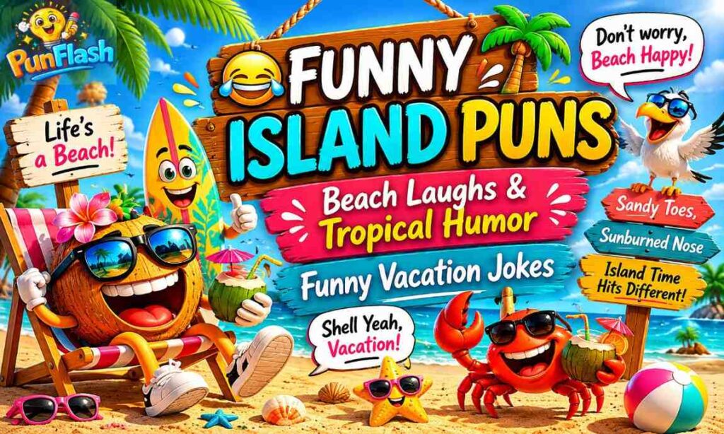 Funny island puns image with tropical beach humor coconut palm trees