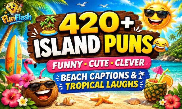 Funny island puns featured image with tropical beach, coconut