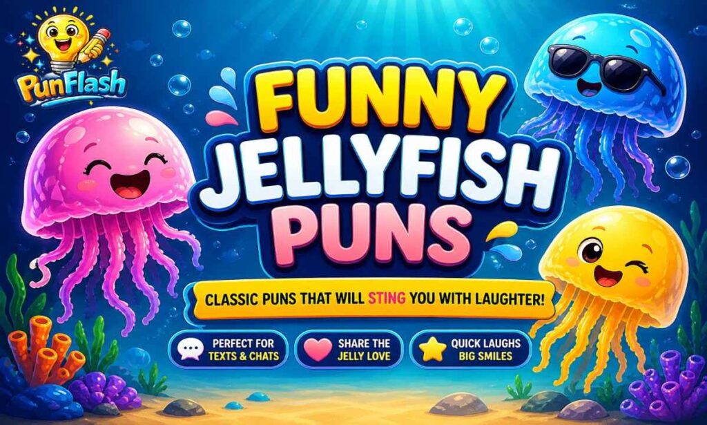 Funny jellyfish puns illustration with cute glowing jellyfish characters and text for captions and jokes