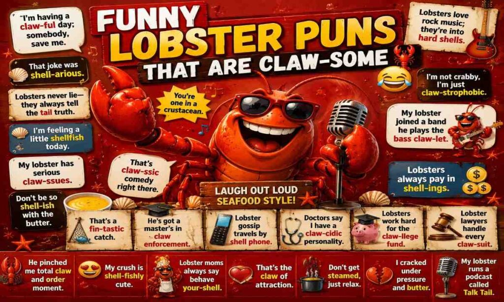 Funny lobster puns collage featuring cartoon red lobster with comedy quotes, seafood jokes, shellfish humor, and vibrant red Pinterest-style design.