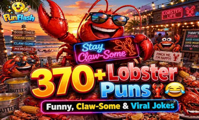 Funny lobster puns featured image with cartoon lobster at beach party holding neon claw-some sign surrounded by seafood jokes and ocean vibes.