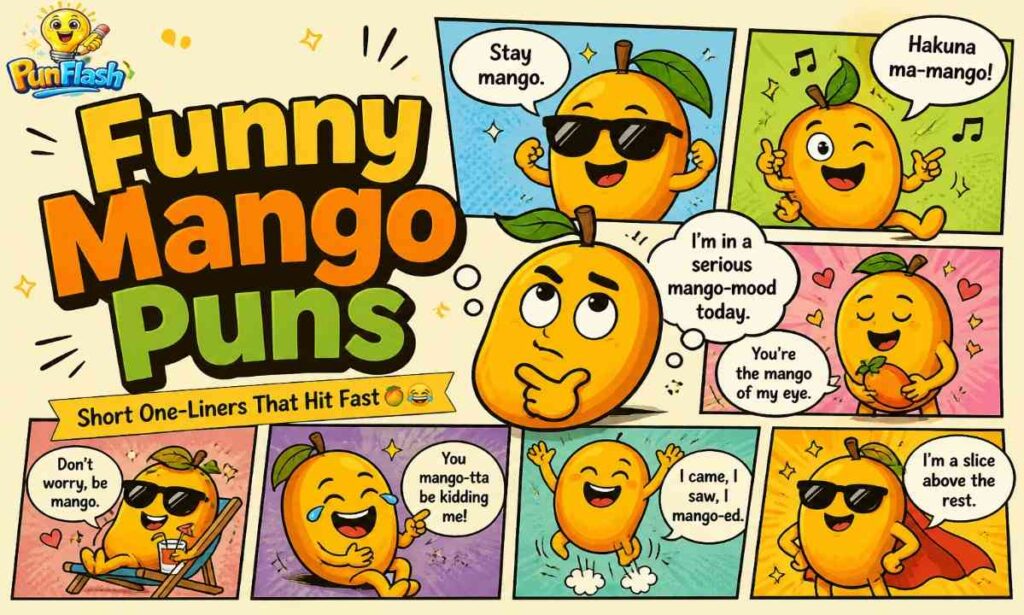 funny mango puns short one liners with cartoon mango character and humorous speech bubbles