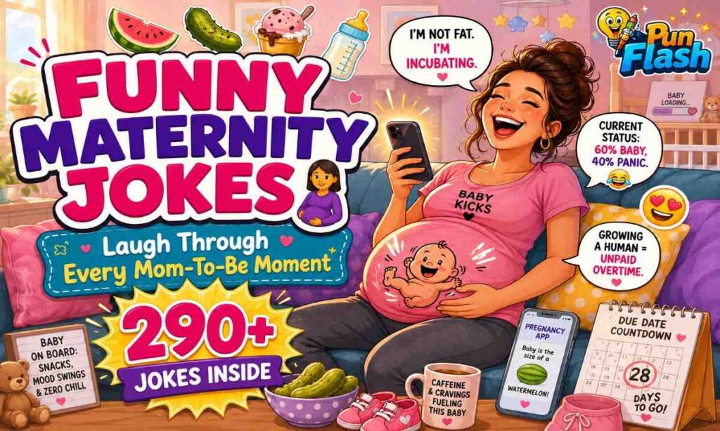 Funny maternity jokes for every mom-to-be image showing a pregnant woman laughing with baby bump humor pregnancy puns and motherhood jokes