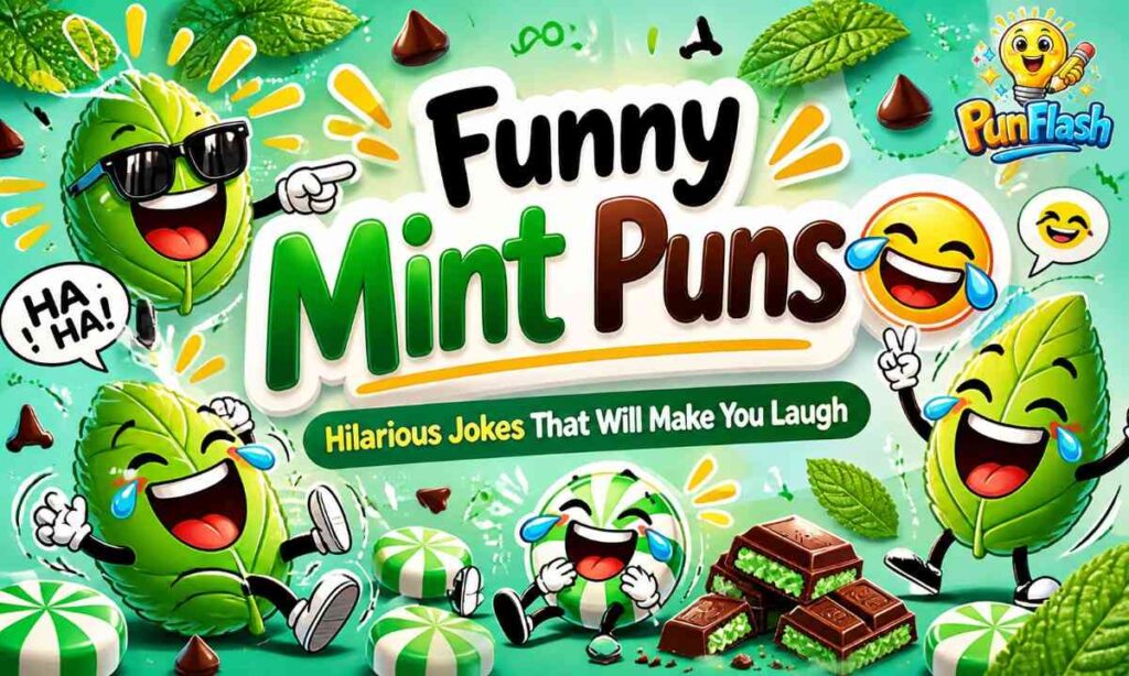 funny mint puns illustration with laughing mint characters and humorous jokes for captions and social media
